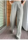 Haki Kemer Detaylı %100 Keten Pantolon