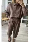 Kahverengi %100 Keten Dokulu Takım