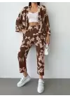 Kahverengi Desenli Kimono Takım