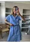 Mavi Beyaz Çizgili Kuşaklı Poplin Elbise