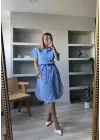 Mavi Beyaz Çizgili Kuşaklı Poplin Elbise