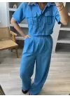 Mavi Kısa Kol Gömlek Palazzo Pantolon Takım