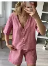 Pembe Çizgili Kısa Kol Şortlu Takım