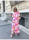 Pembe Renkli Geometrik Desen Boydan Düğmeli Elbise