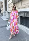 Pembe Renkli Geometrik Desen Boydan Düğmeli Elbise