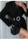 Siyah Lame Taşlı Kalın Deri Kemer