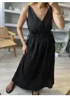Siyah V Yaka Uzun Astarlı Keten Elbise