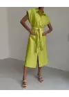 Yeşil Düğmeli ayanı Yırtmaçlı %100 Keten Elbise