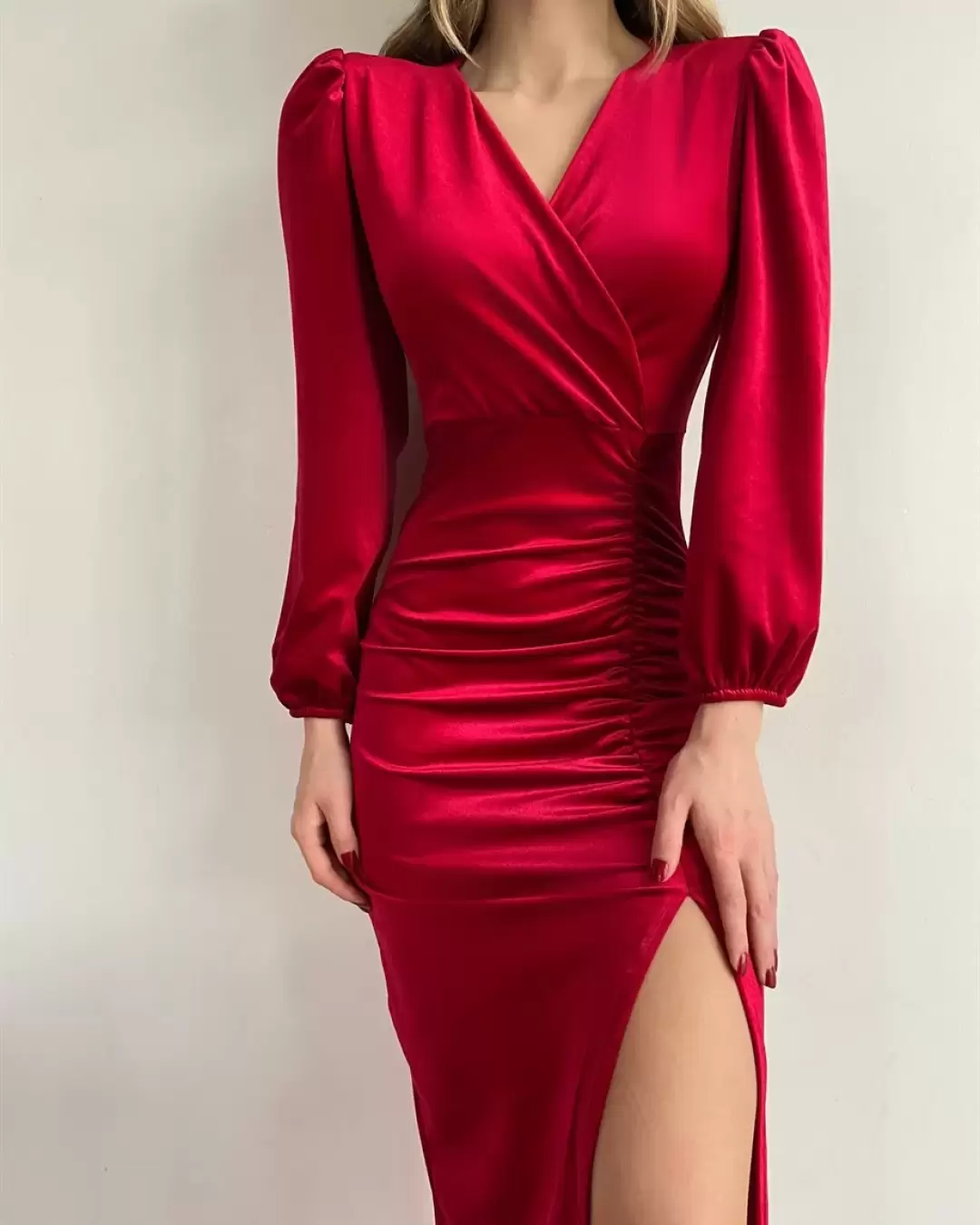 Kırmızı Kruvaze Kadife Elbise