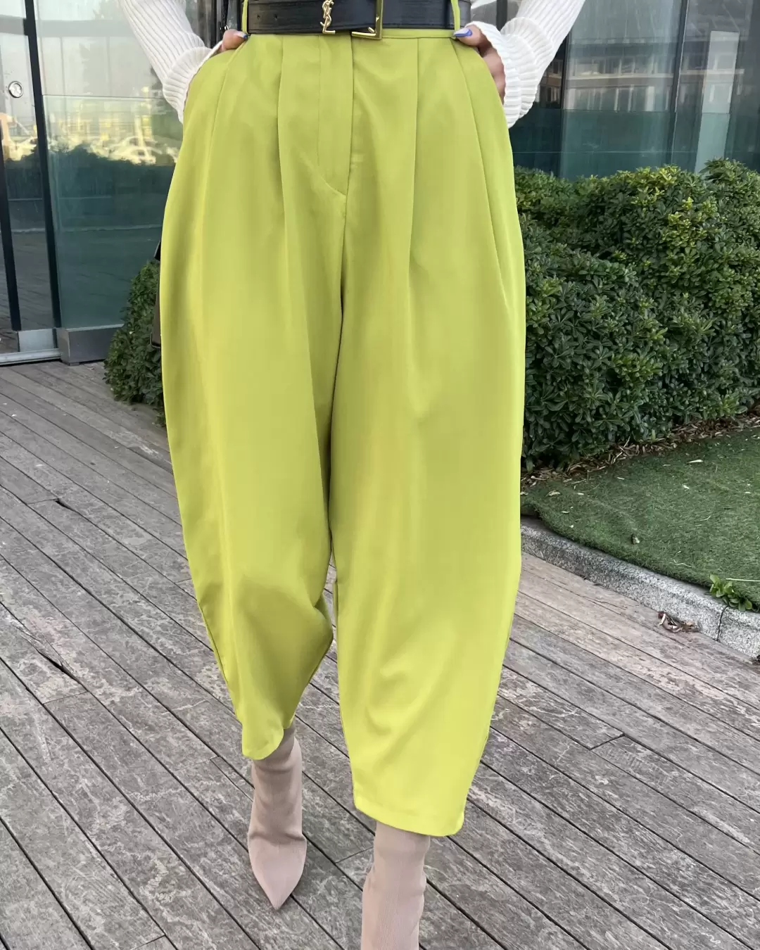 Yağ Yeşili Şalvar Model Krep Pantolon
