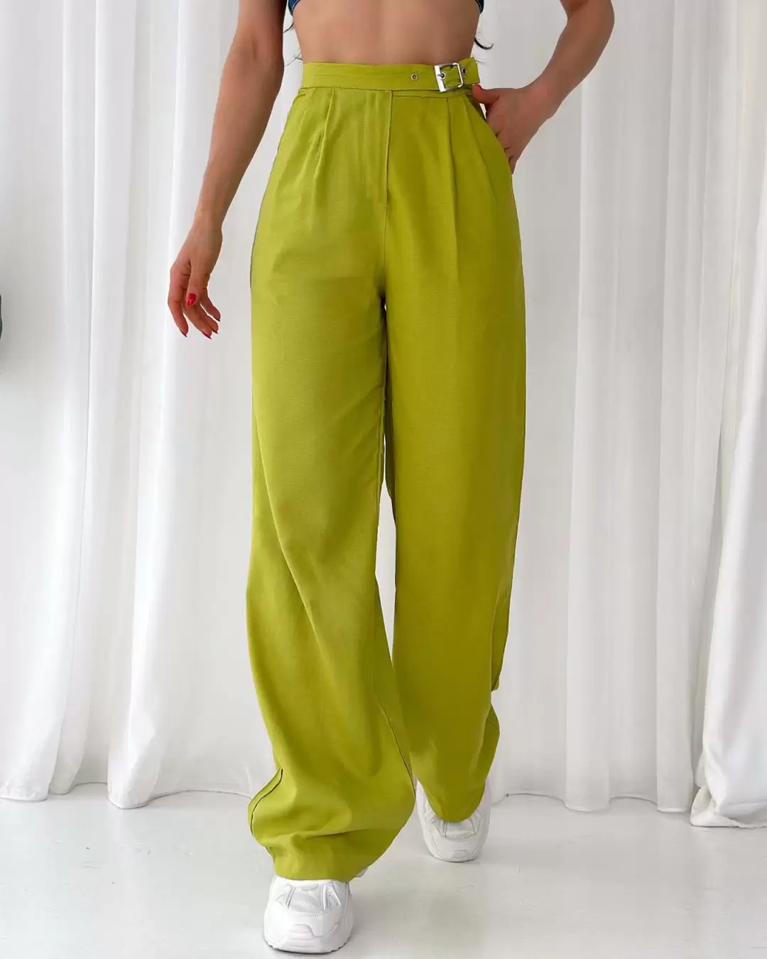 Yağ Yeşili Kemer Detaylı %100 Keten Pantolon