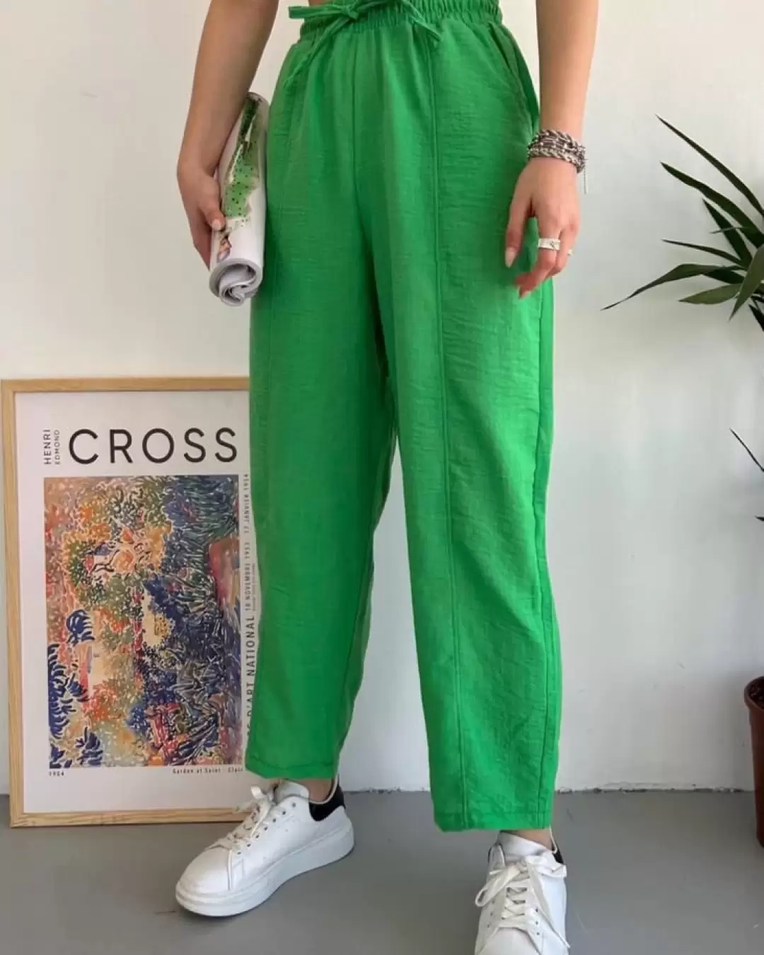 Yeşil Çima Detaylı Keten Pantolon