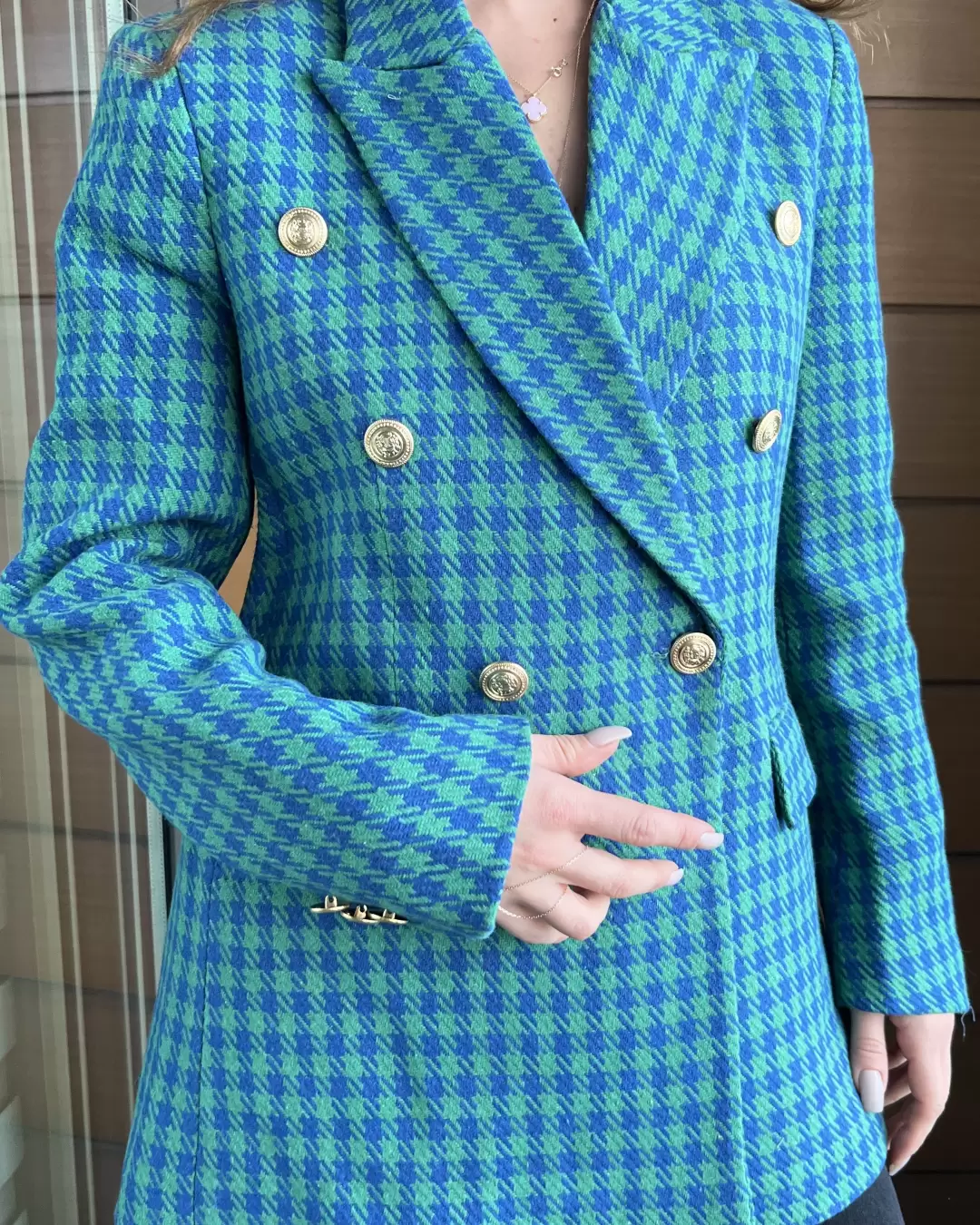 Yeşil Mavi Kazayağı Astarlı Ceket