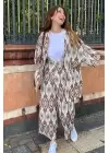 Kahverengi Desenli Keten Kimono Takım