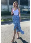 MAVİ BEYAZ ÇİÇEK DESENLİ VİSKON UCU VOLANLI ETEK