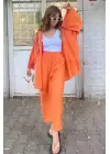 Turuncu Kimona Şalvar Model Keten Takım