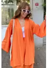 Turuncu Kimona Şalvar Model Keten Takım