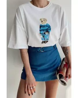 MAVİ BÜYÜK TEDDY ESKİTME BASKILI TSHİRT