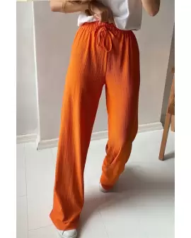 Turuncu Gofre Salaş Yüksek Bel Pantolon
