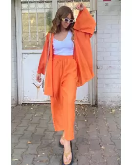 Turuncu Kimona Şalvar Model Keten Takım