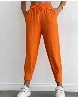 Turuncu Paçası Pensli Gofre Pantolon