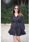 Siyah Etek Ucu Volanlı İp Kemerli Elbise