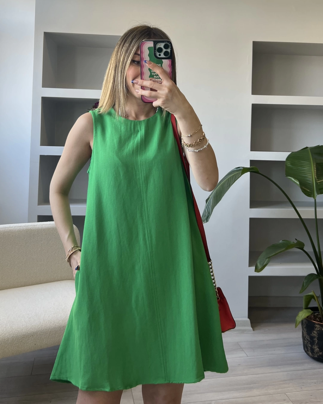 Yeşil %100 Keten Elbise