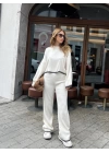 Ekru Çoban Dikiş Detaylı Triko Takım