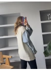 Ekru Jean Detaylı Saç Örgü Triko Ceket