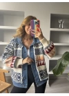 Ekru Renkli Desenli Jean Detaylı Triko Ceket
