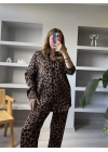 Kahve Leopar Saten Gömlek