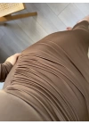 Kahverengi Drapeli Midi Boy Elbise