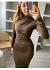 Kahverengi Drapeli Midi Boy Elbise