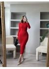 Kırmızı Yırtmaç Detarlı Bisiklet Yaka Triko Elbise