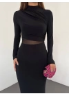 Siyah Beli Tül Detaylı Elbise