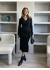 Siyah Polo Yaka İki Yanı Yırtmaçlı Kol Evi Yırtmaç Detaylı Triko Elbise