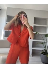 Turuncu Kısa Vatkalı Ceket Pantolunlu Keten Takım