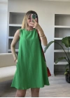Yeşil %100 Keten Elbise