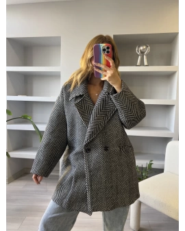 Siyah Balıksırtı Oversize Kaşe Kaban