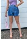 BUZ MAVİ YÜKSEK BEL ÜÇ RENK DENIM ŞORT