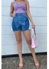 BUZ MAVİ YÜKSEK BEL ÜÇ RENK DENIM ŞORT