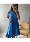 Mavi Gofre Etek Ucu Volanlı Elbise