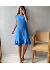 Mavi Gofre Etek Ucu Volanlı Elbise