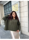 Haki Saç Örgülü Fermuarlı Kazak