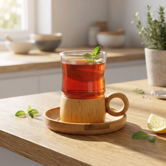 12 Parça Çay Seti - Bambu Bardak Altığı - Çift Cidarlı Cam - 150 ml