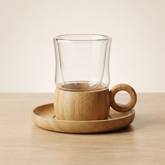 12 Parça Çay Seti - Bambu Bardak Altığı - Çift Cidarlı Cam - 150 ml