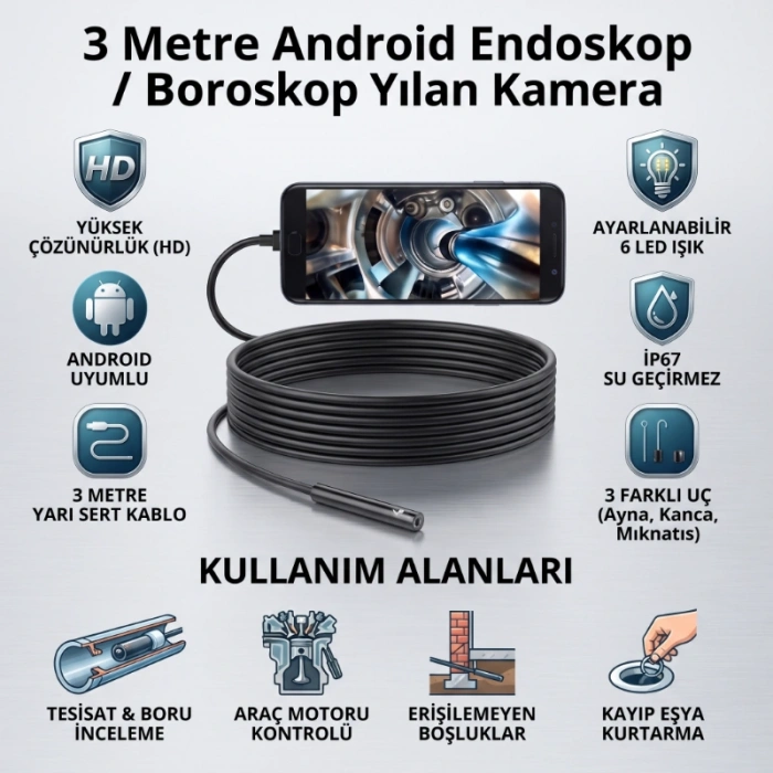 3 Metre Yılan Kamera - Android Destekli - LED Işıklı - IP67 Su Geçirmez