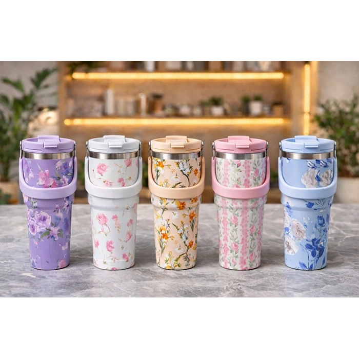 Çiçek Desenli 900 ml Taşıma Kulplu Paslanmaz Çelik Termos Mug Bardak