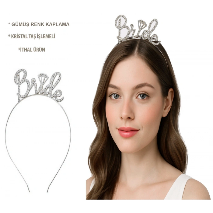 Gümüş Renkli Taşlı “Bride” Gelin Tacı