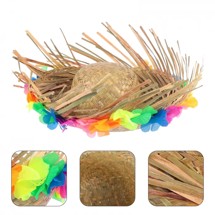 Natural Renkli Püsküllü Örme Hasır Hawaii Şapka
